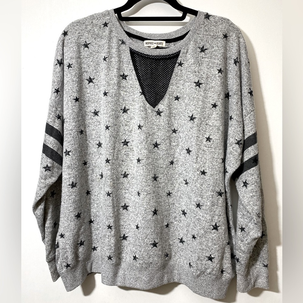 Inspired Hearts sweater top shirt long sleeve soft grey stars Sz 2X   X-24